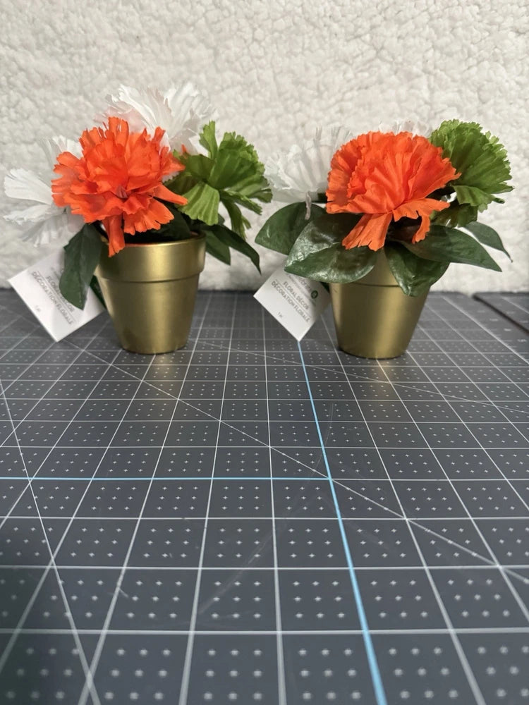 Set Of 2 St.Patricks Faux Plants Gold Pots With Orange White And Green Flowers Green Plant