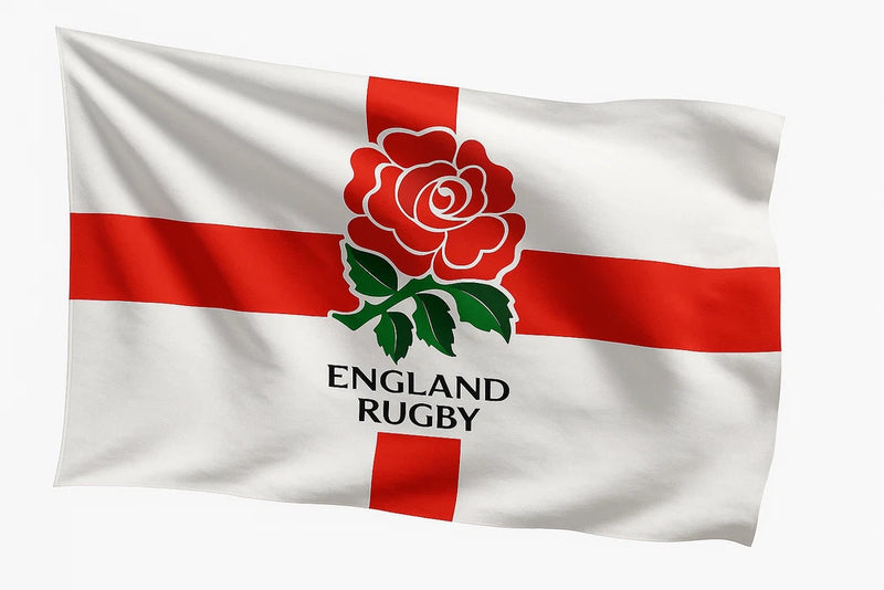 England rugby flag with red rose emblem, red cross stripes, and “ENGLAND RUGBY” text