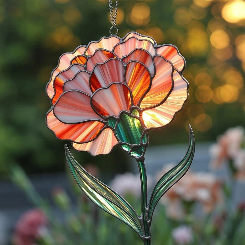 Hanging acrylic carnation suncatcher with orange-pink petals, green stem, and chain
