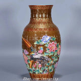 8.6" Qing Qianlong Famille Rose Porcelain Gilt Peony Flower Bird Bottle Vase Peony