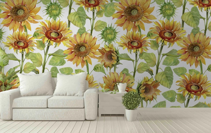 3D Hand Drawn Sun Flower Floral Self-adhesive Removable Wallpaper Murals Wall Sunflower