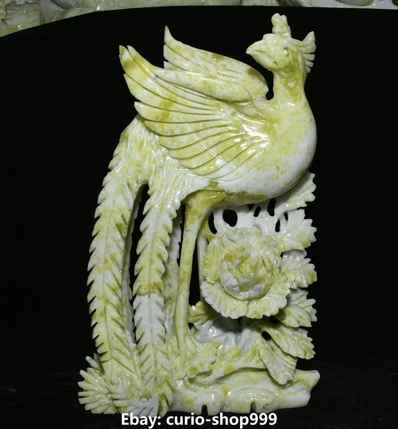 Natural Lantian jade phoenix bird statue with peony flower, wings spread, pale green carving
