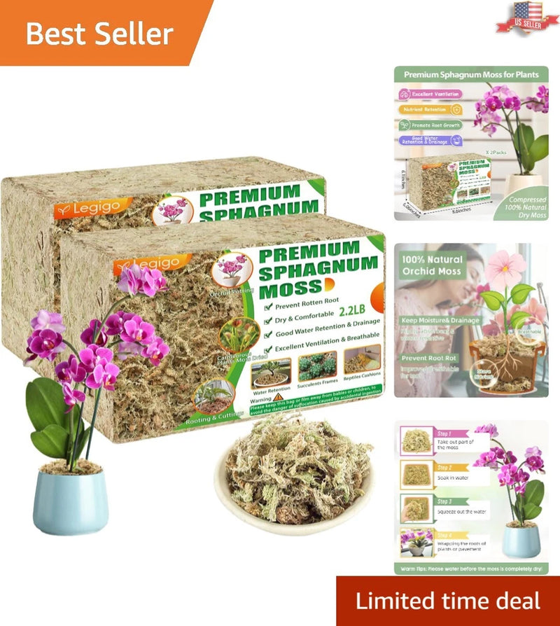 Premium long-fiber sphagnum moss in retail pack and loose moss pile