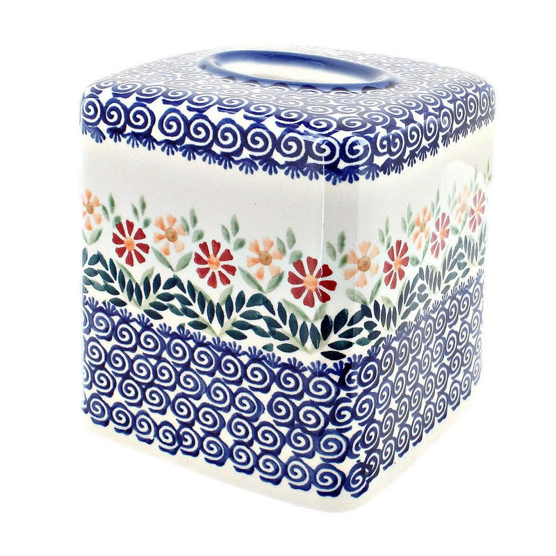 Polish pottery style tissue box with blue swirl border and floral rose pattern