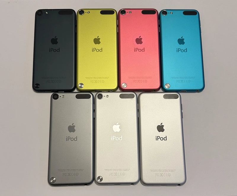 Apple iPod Touch 5th gen backs, multiple colors shown, rear cameras and Apple logo