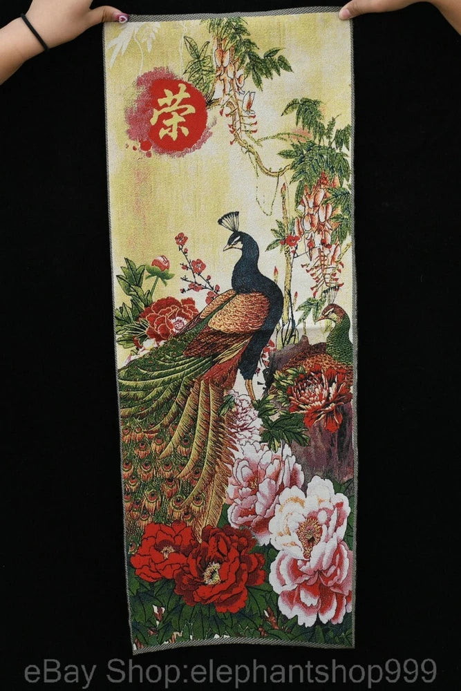 32" Old Chinese Silk Embroidery Peacock Bird Peony Flower Tangka Thangka Peony