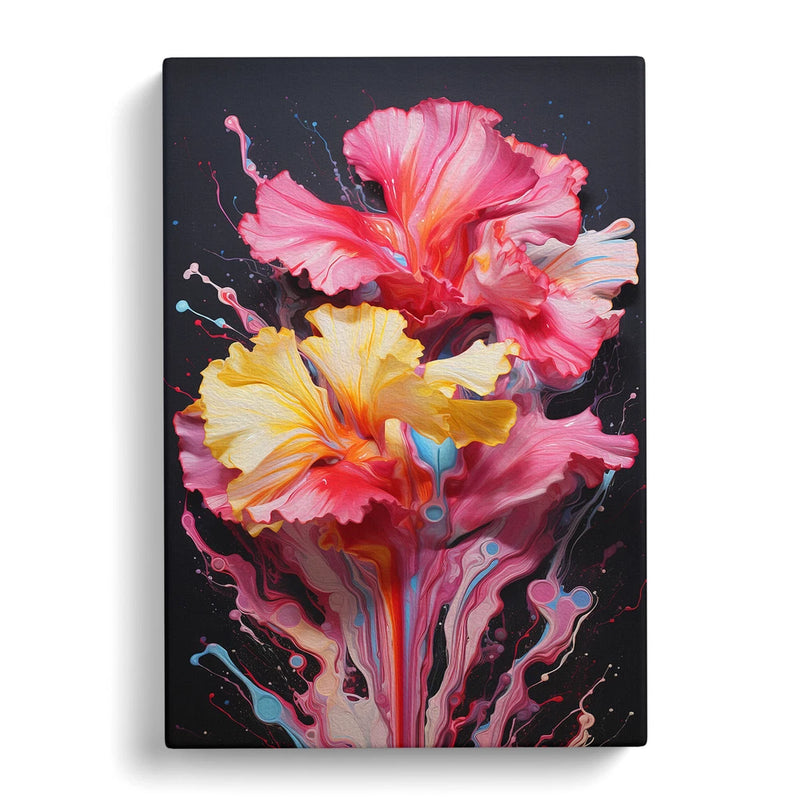Framed canvas wall art print with pink and yellow flower blossoms and splatter accents
