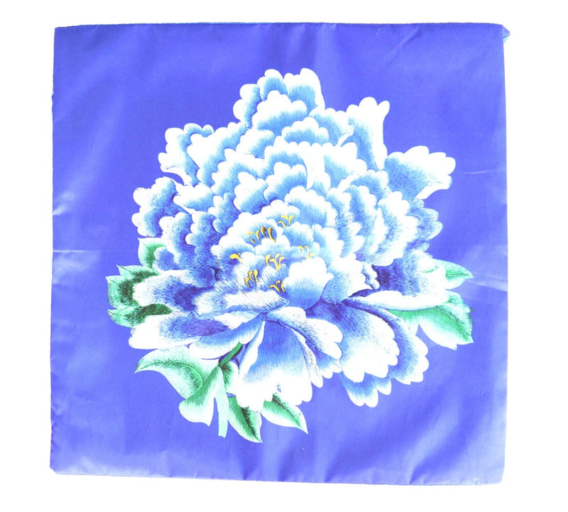 Blue pillow cover with large white peony flower print