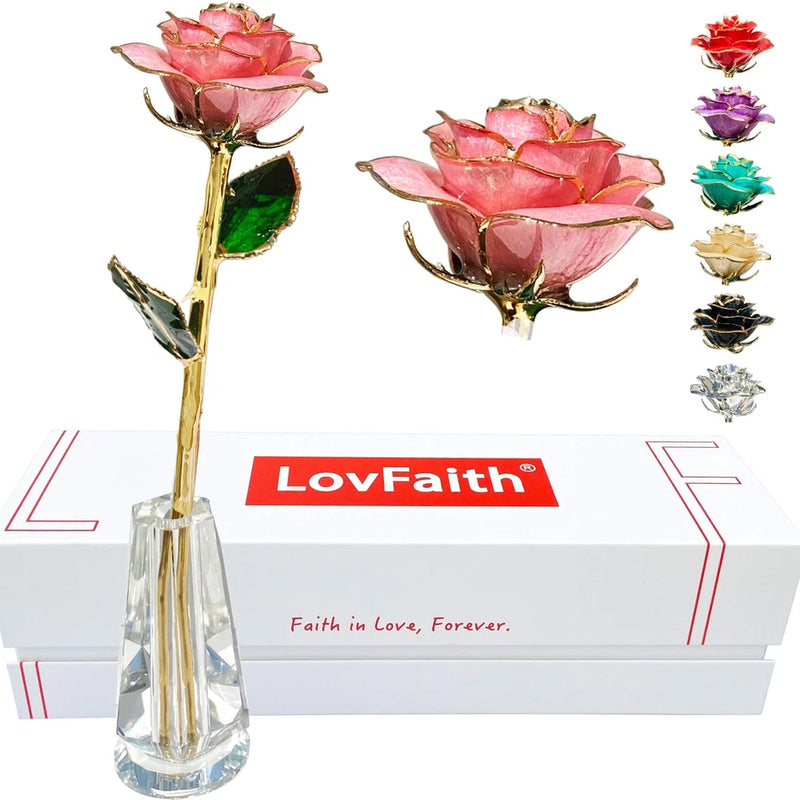 Gold-dipped pink rose with crystal stand, red rose petals and gold stem ornament