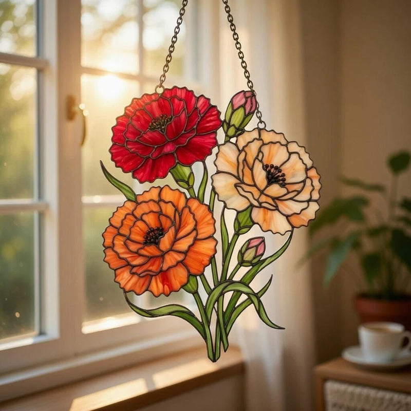 Floral acrylic suncatcher with red and orange blooms, hanging by metal chains