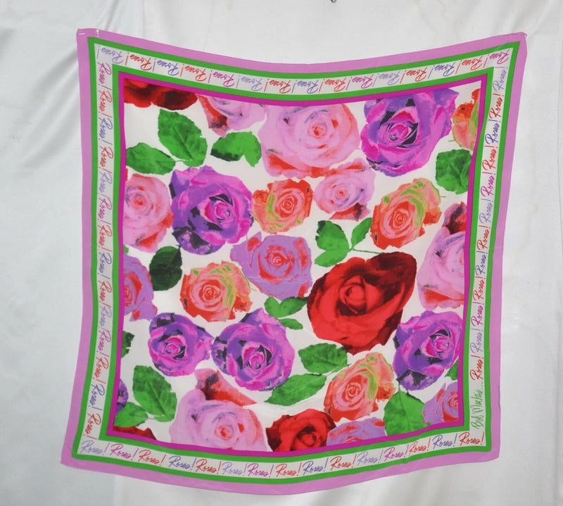 Pink multi rose printed square silk scarf with green and white border edging