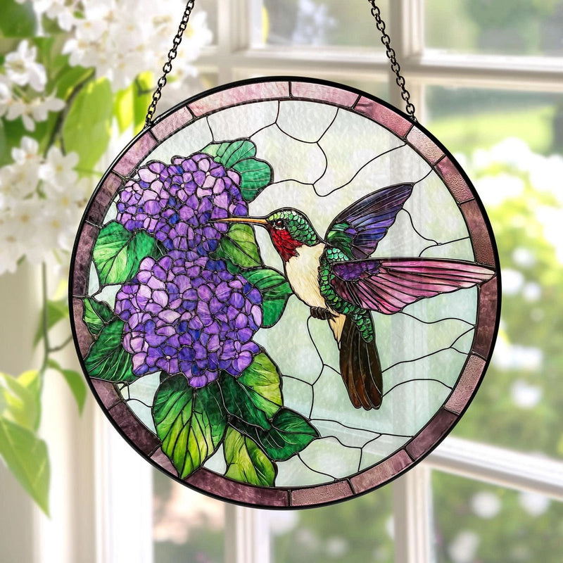 Hummingbird Hydrangea Stained Glass Suncatcher, Bird Window Decor Hydrangea