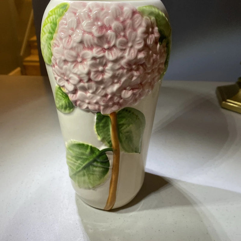 This 9 Ceramic Vase with Hydrangea Relief Pattern in pink and green colors Hydrangea