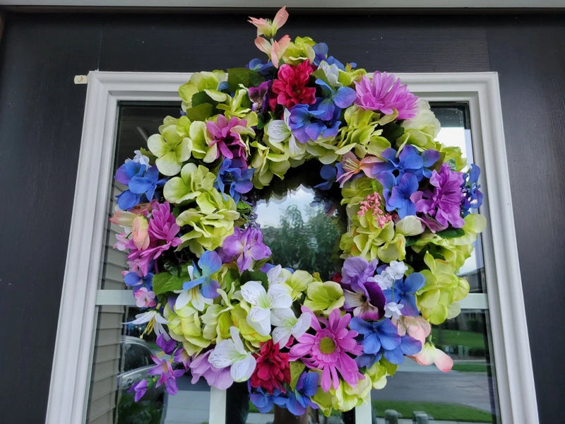 FLORAL one of a kind WREATH flowers Decor Front Door 16" purple blue pink green Hydrangea