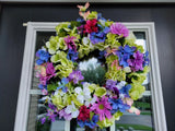 FLORAL one of a kind WREATH flowers Decor Front Door 16" purple blue pink green Hydrangea