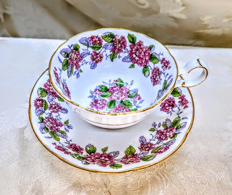 Vintage Royal Grafton Pink Hydrangea Teacup & Saucer Wide Mouth Gold England WOW Hydrangea