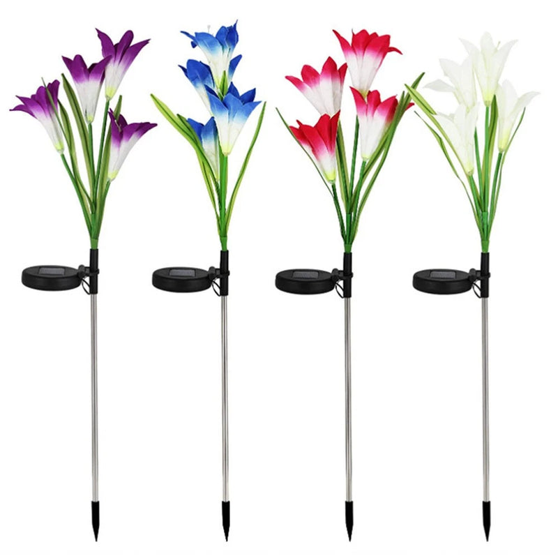 Solar garden LED lily stake lights, 4-pack with purple blue red white flower heads