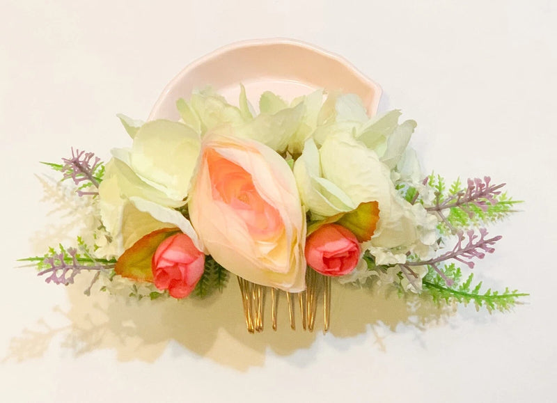 1 Pc Artificial Silk Flower Bridal Hair Comb W pink Rose & White Hydrangea Hydrangea