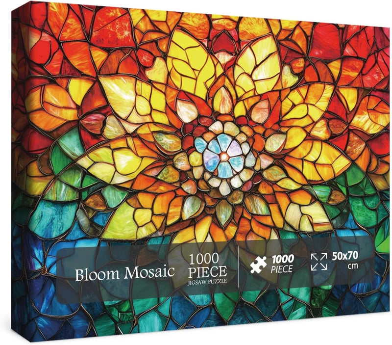 1000-piece stained-glass style sunflower mosaic jigsaw puzzle with colorful artwork on the box