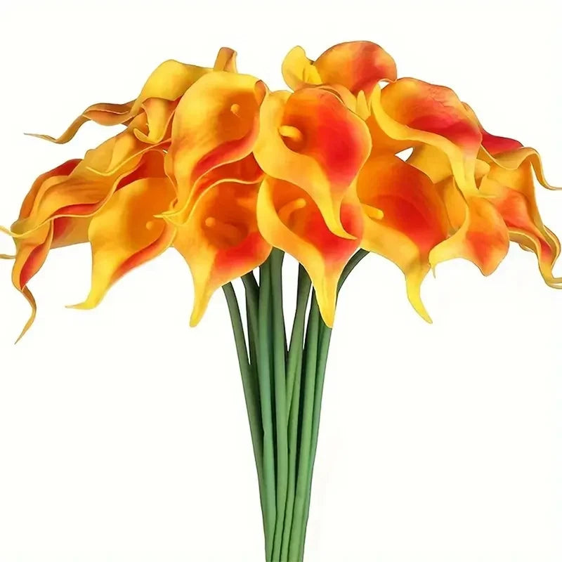Artificial calla lily flower bunch, orange-yellow blooms with green stems