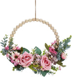 Wood Bead Garland Floral Hoop Wreath Artificial Flower Vine Wall Hanging Decor Green Plant