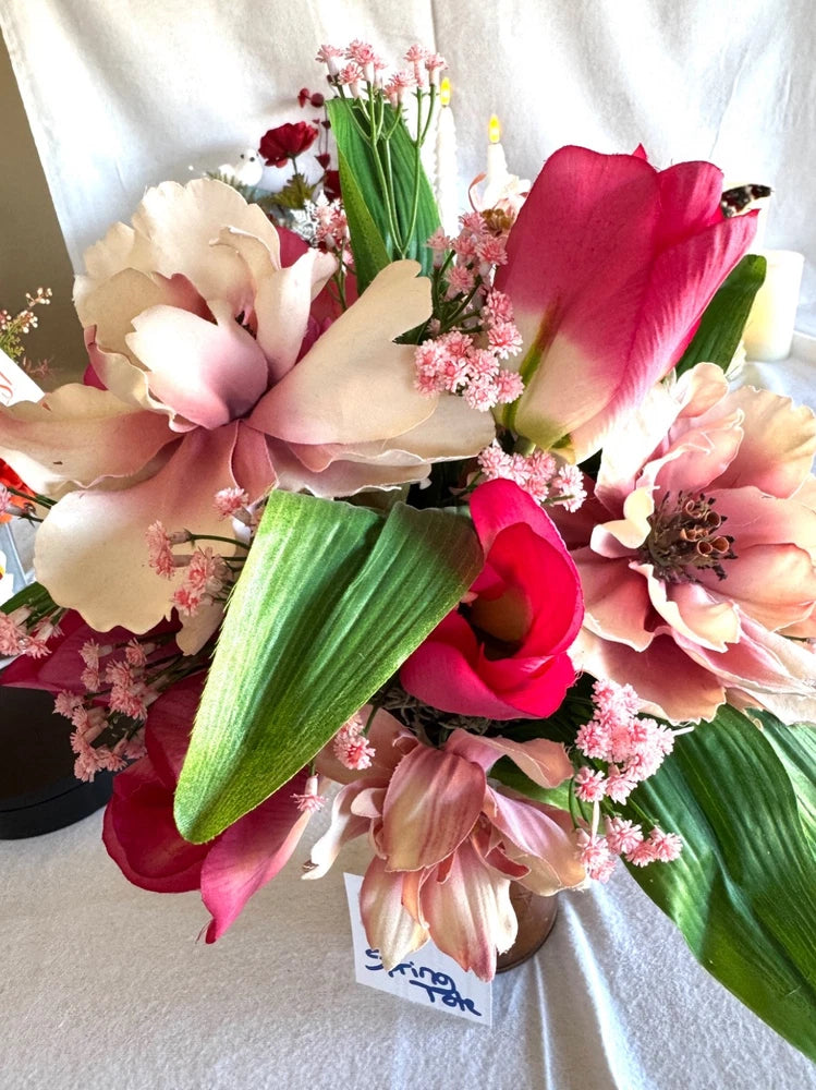 Silk flower arrangement in copper tin with peonies and assorted blossoms, pink and white