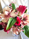 Spring Silk Tulip flower arrangement. Copper tin w/Peonies Peony