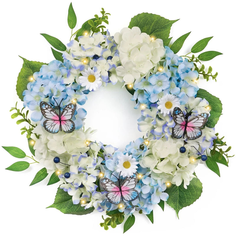 Spring Wreaths for Front Door with Lights, Silk Blue White Hydrangeas Floral ... Hydrangea