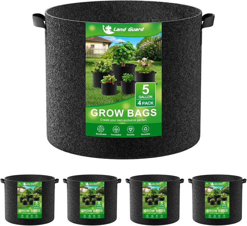 4-Pack Fabric Grow Bags, 5 Gallon Nonwoven Garden Pots with Handles, Black Garden Plants