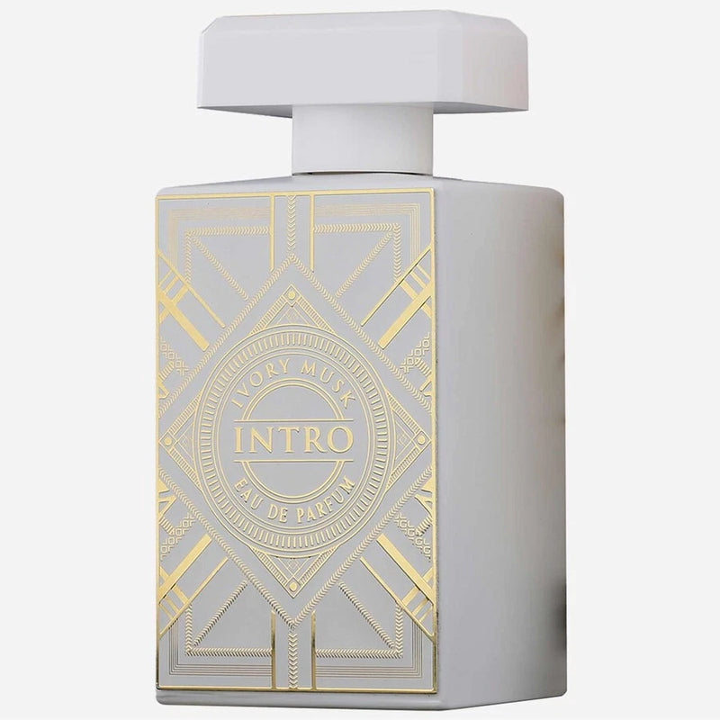 Ivory Musk INTRO EDP spray bottle with gray cap and gold geometric label