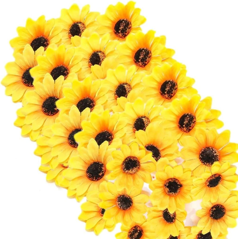 100 mini artificial yellow sunflower fabric flowers with dark brown centers
