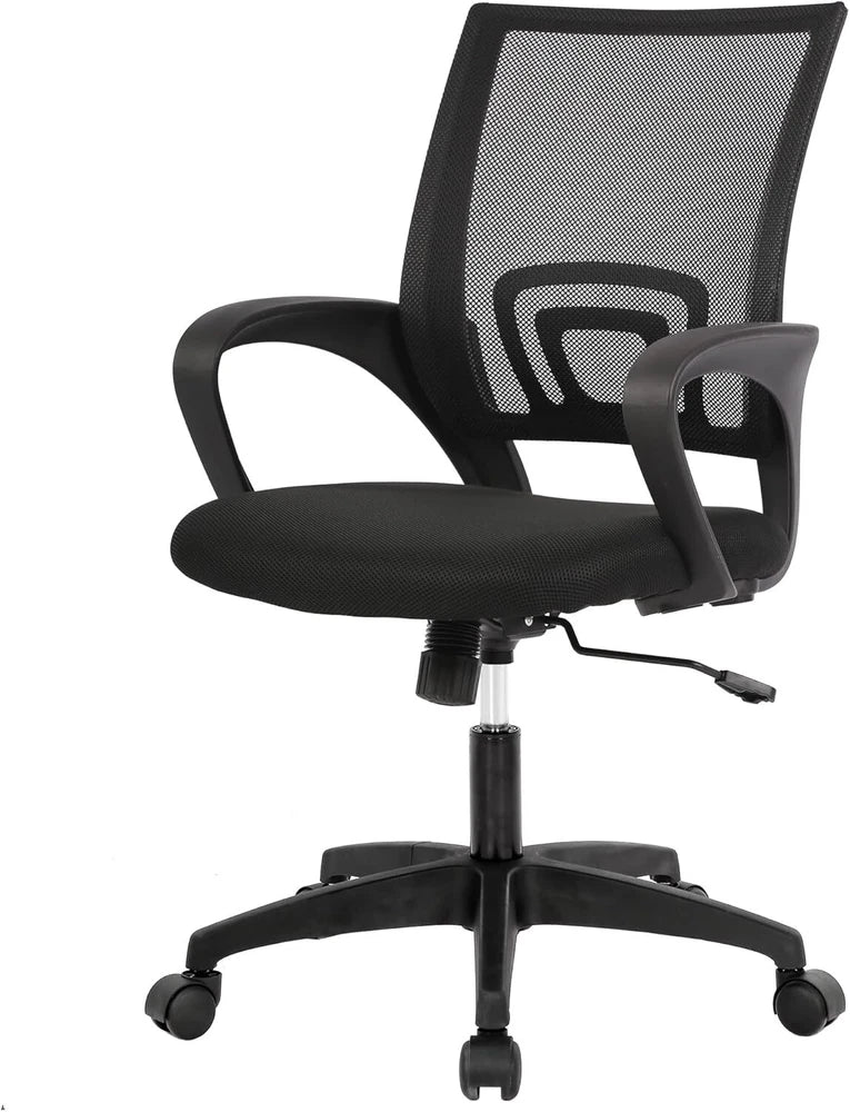Black office desk chair with mesh back, cushioned seat, padded armrests, swivel wheels
