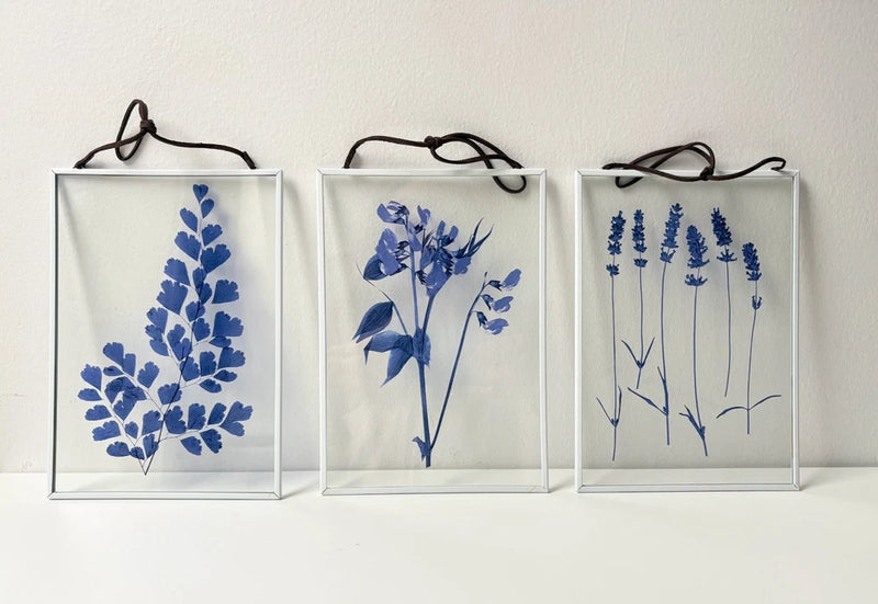 Set of three framed blue pressed flower prints with glass-style panels, hanging ribbons
