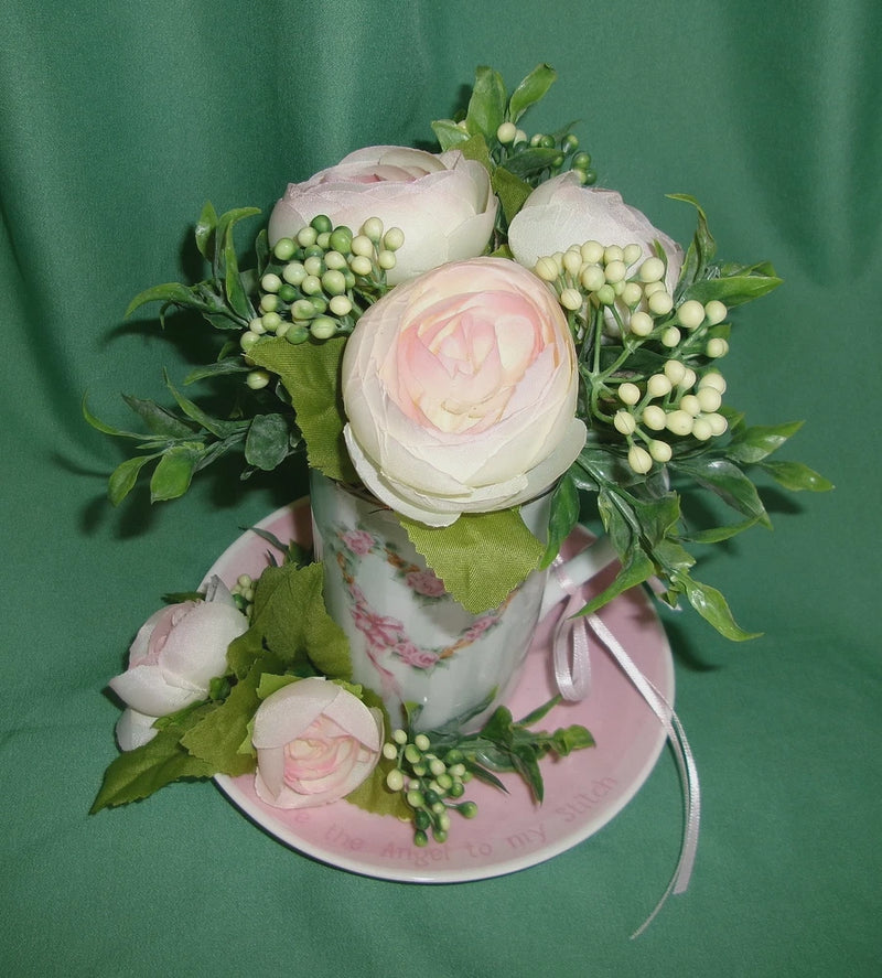 Floral Arrangement Cup Saucer Pink Silk Ranunculus Home Decoration Gift New Ranunculus