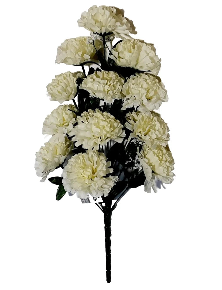 Cream silk carnation bush with clustered pom-pom blooms on black stems