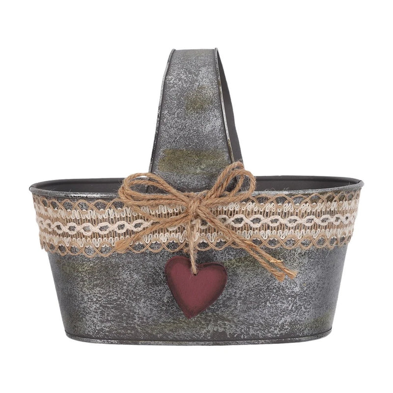 Vintage iron planter bucket with heart detail and jute rope handle