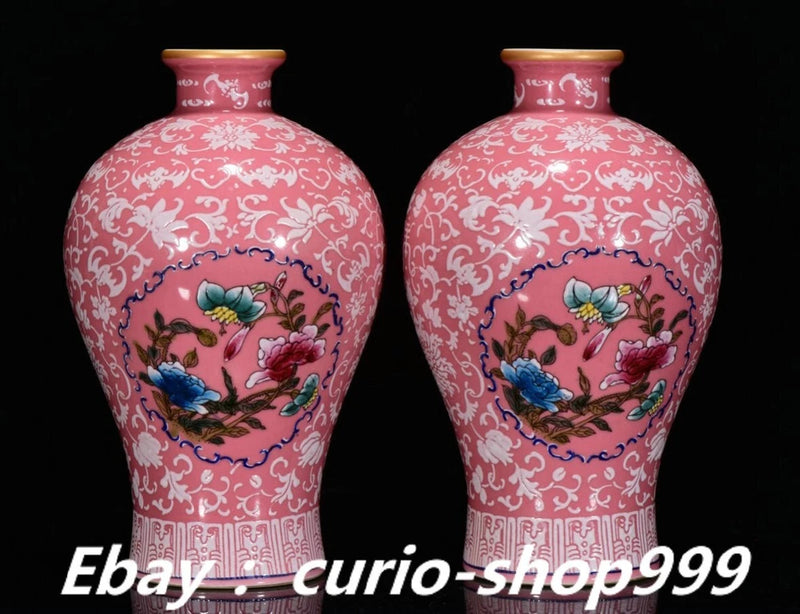 8.6" Qianlong Famille Rose Porcelain Gold Lotus Peony Flower Bottle Vase Pair Peony