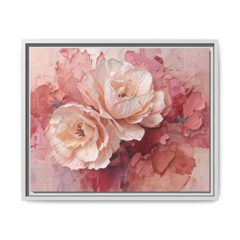 Framed matte canvas wall art with pink and white carnations in soft rose tones