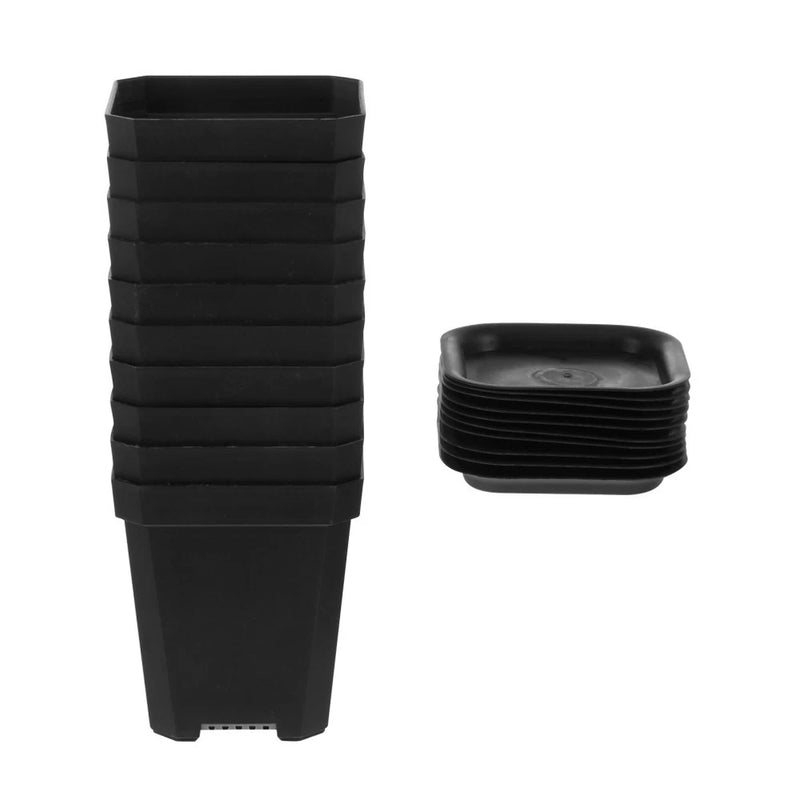Black square plastic flower pot with matching saucer, set of 10