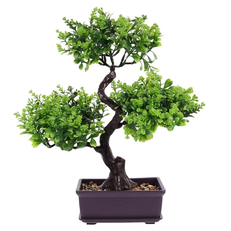 Artificial bonsai tree with green leaves, curved dark brown trunk, in dark square pot.