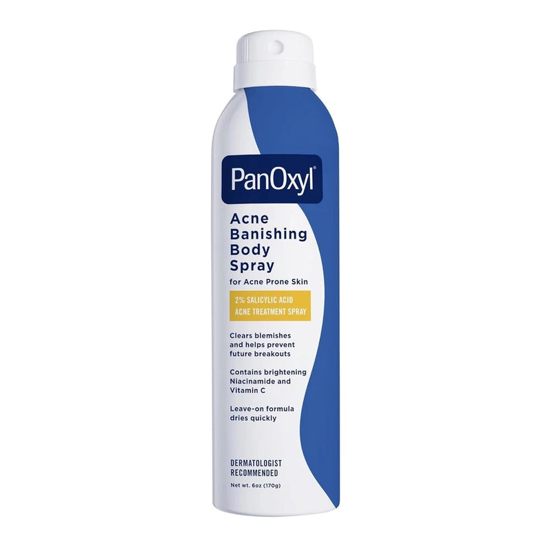 PanOxyl Acne Banishing body spray bottle with white and blue label and flip-top cap