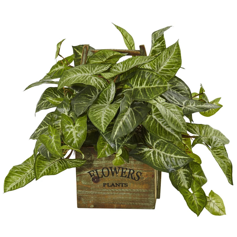 Nearly Natural Nephthytis Plant In Wood Box Planter Artificial Home Decoration Green Plant