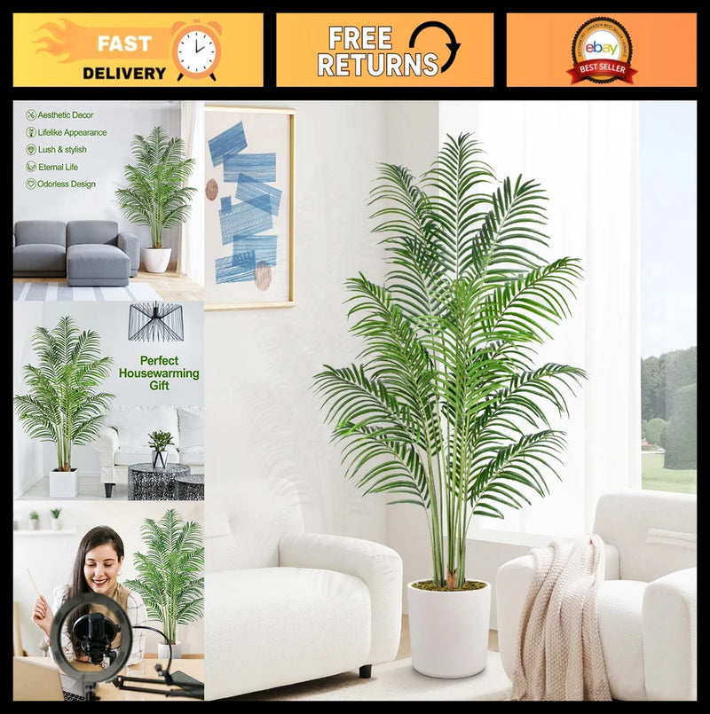 6ft Artificial Palm Tree - Faux Tropical Areca Plant with 18 Leaves for Home Dec Green Plant