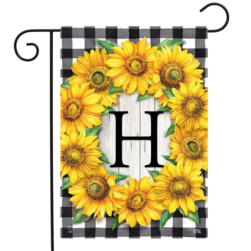 Sunflower monogram H garden flag, yellow flower wreath on black plaid border