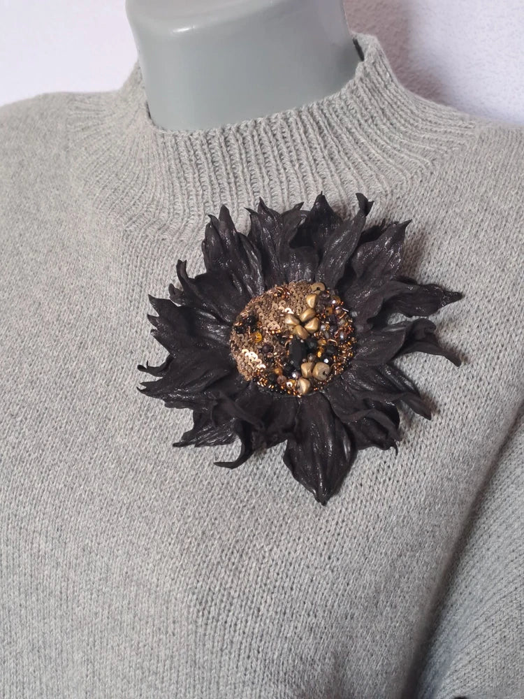 Trendy flower brooch in mocha mousse colour Leather sunflower brooch Sunflower