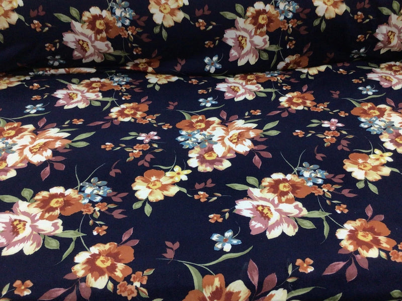 Double Brushed DTY Floral Spandex Stretch Apparel Fabric Navy Orange Mauve M211 Flowering Plants