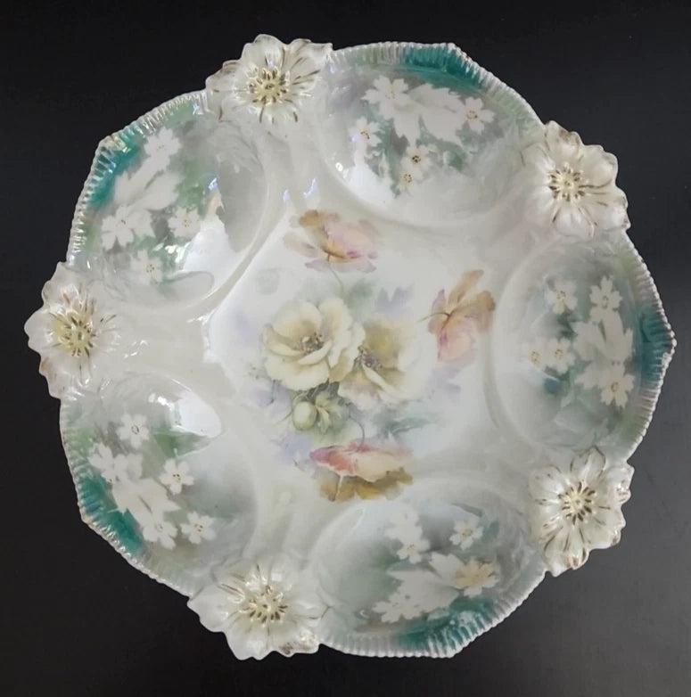 Antique lusterware bowl, scalloped rim, pastel floral design with teal edge