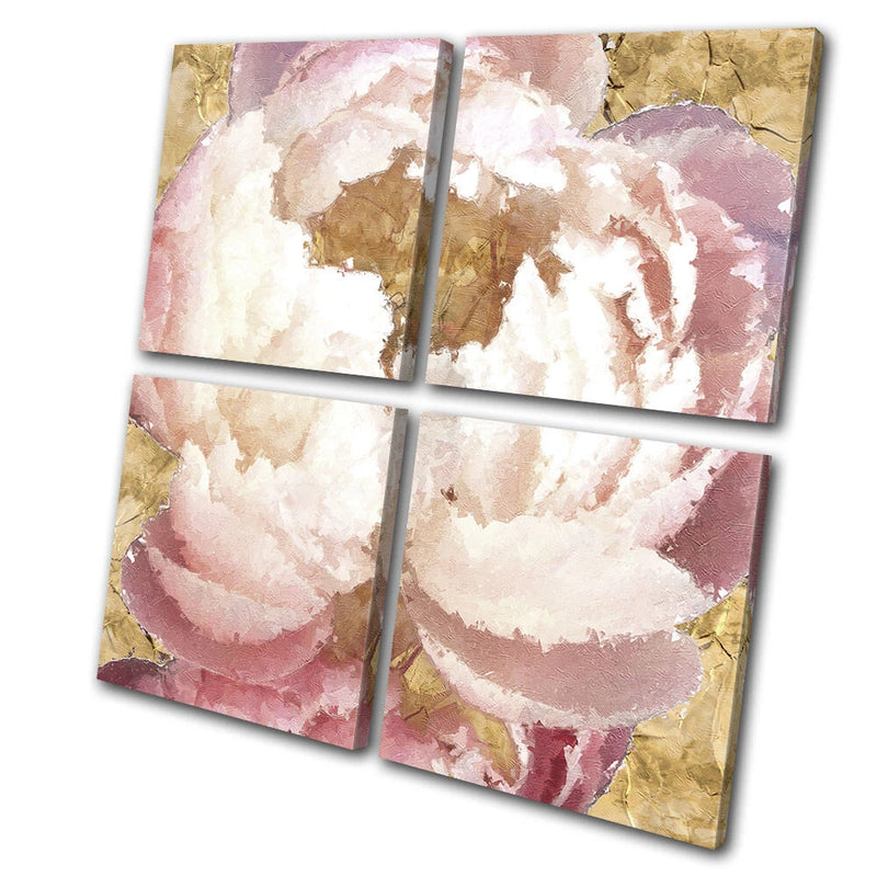 Peony abstract wall art, 4-panel canvas with mauve petals and gold accents