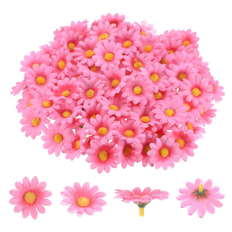 Pink artificial sunflower flower heads with yellow centers, 2-inch set of 100