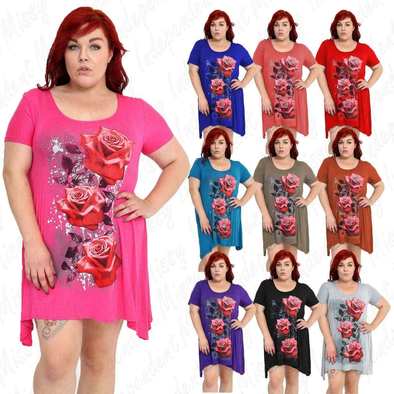 Plus size rose printed hanky-hem tunic top, pink short sleeves